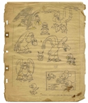 Disney Animator Thurston Harper Lot of Three Pages of Sketches -- Includes Mickey Mouse, Emil Eagle, Chipmunks From ''Snow White'', & Oliver Hardy
